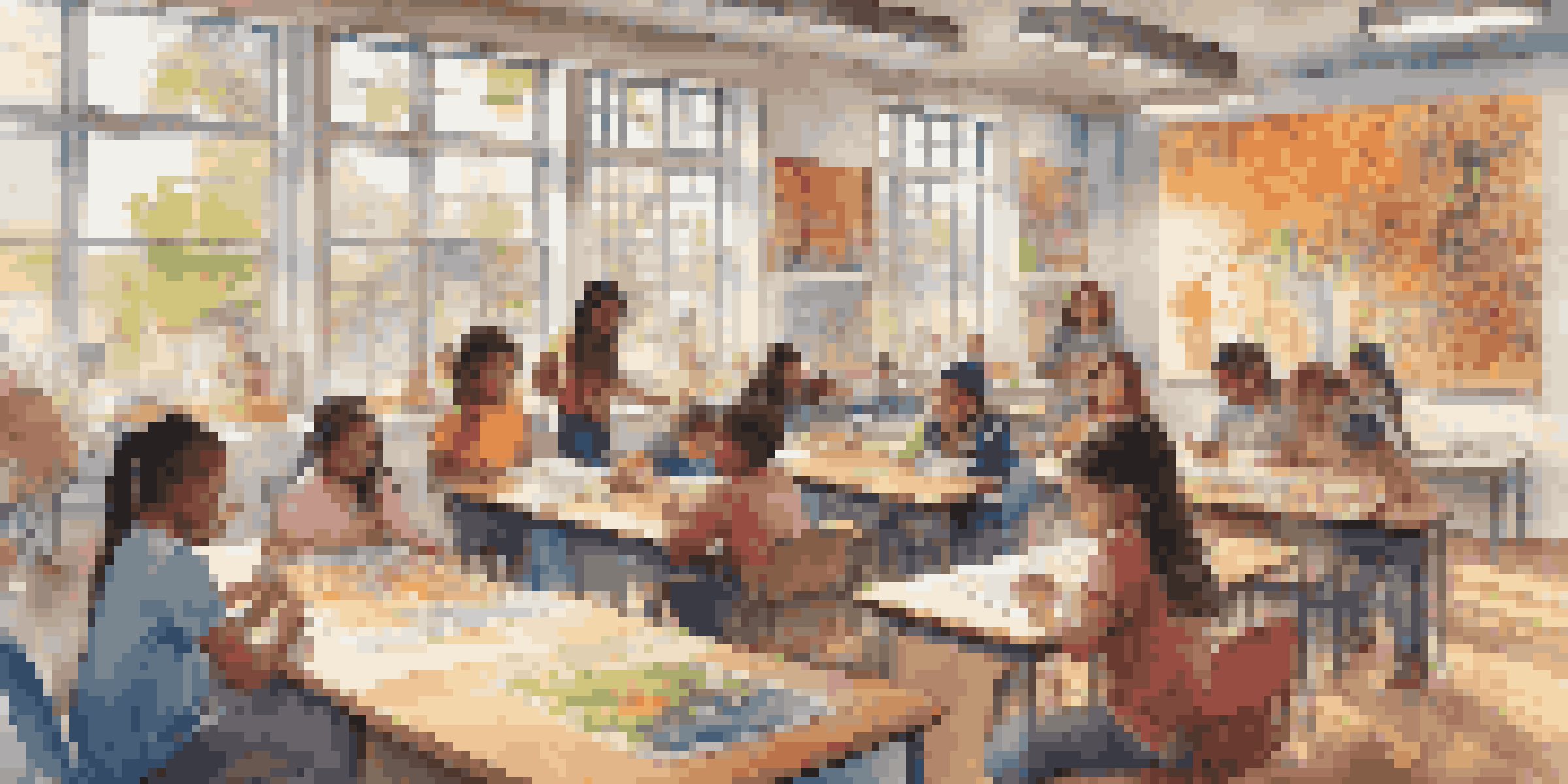A diverse group of students working together on art projects in a colorful classroom, with artwork displayed on the walls and sunlight coming through the windows.