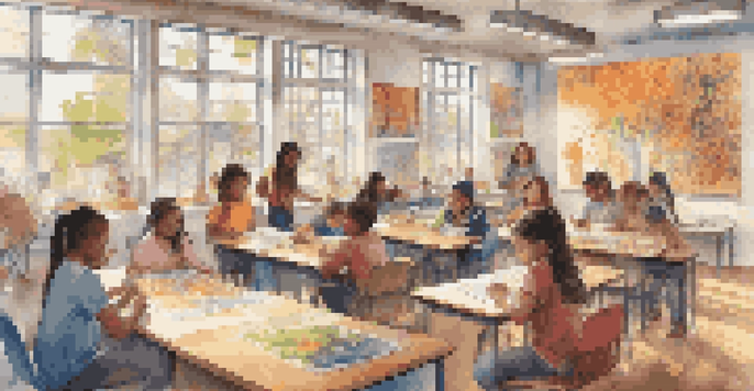 A diverse group of students working together on art projects in a colorful classroom, with artwork displayed on the walls and sunlight coming through the windows.