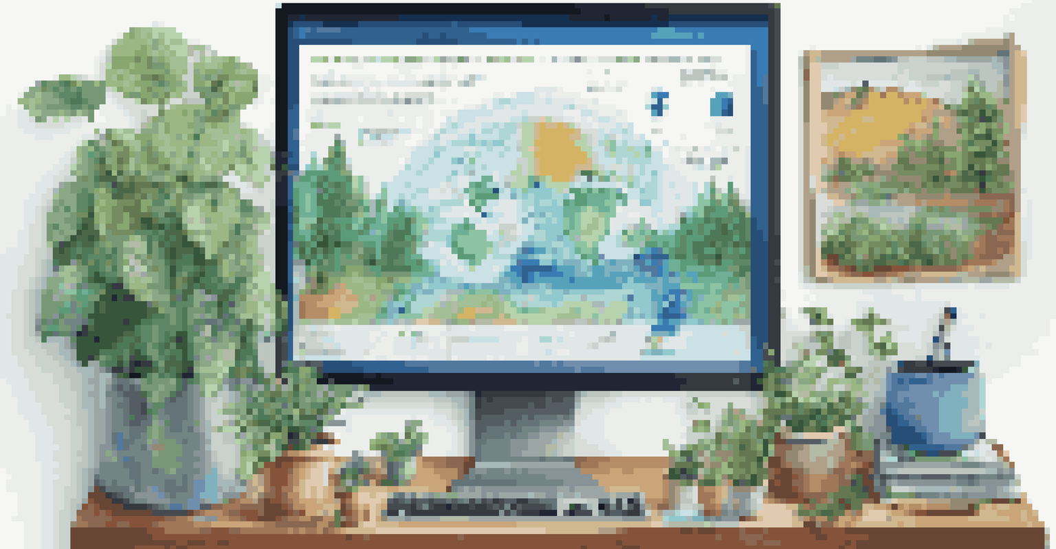 A digital art infographic about climate change displayed on a computer screen, surrounded by art supplies and a plant.