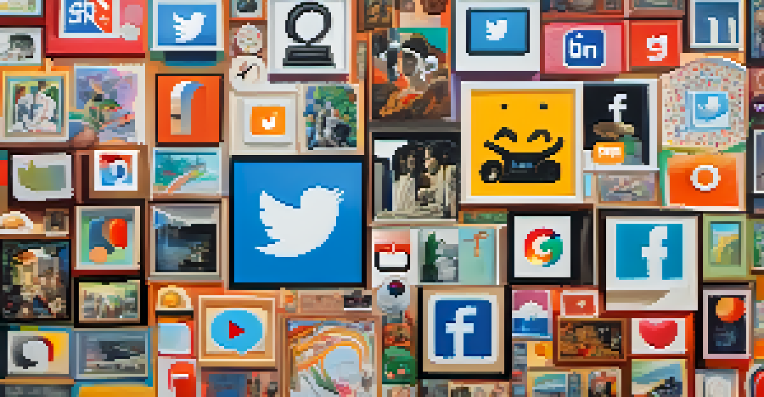 A colorful collage of social media posts featuring artworks and conversations between collectors and artists.