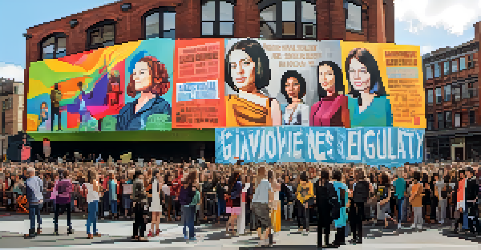 A feminist art installation with empowering banners in an urban setting, surrounded by an engaged crowd.
