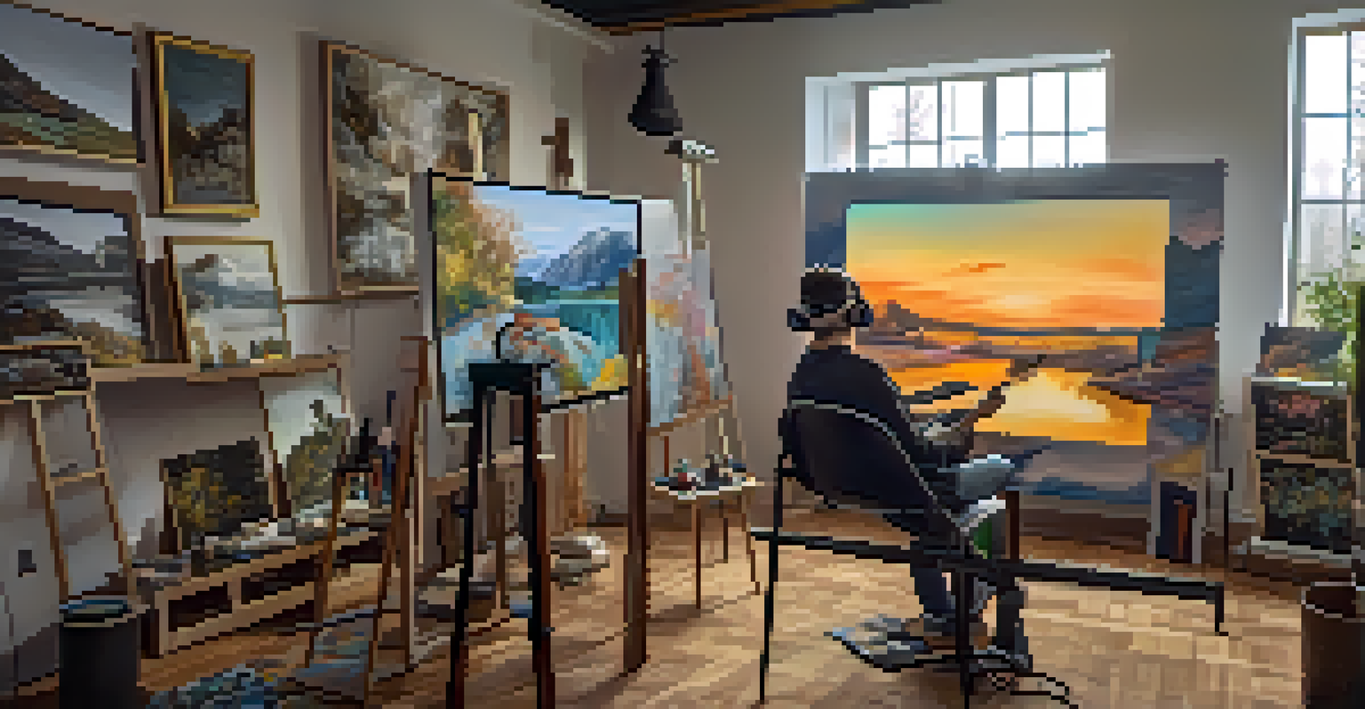 An artist in a studio, combining traditional painting with virtual reality technology, surrounded by art supplies and digital devices.