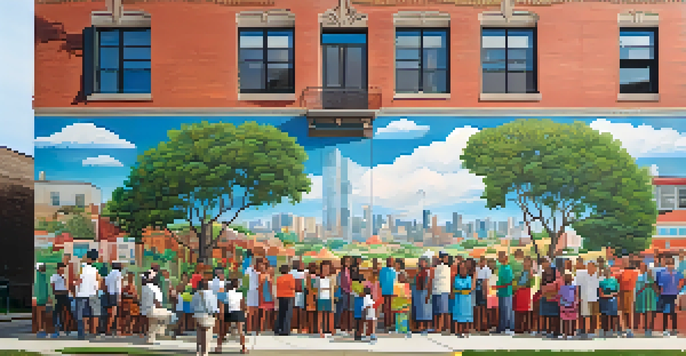 A colorful mural showcasing local heroes and cultural symbols with residents of diverse backgrounds interacting in front of it.