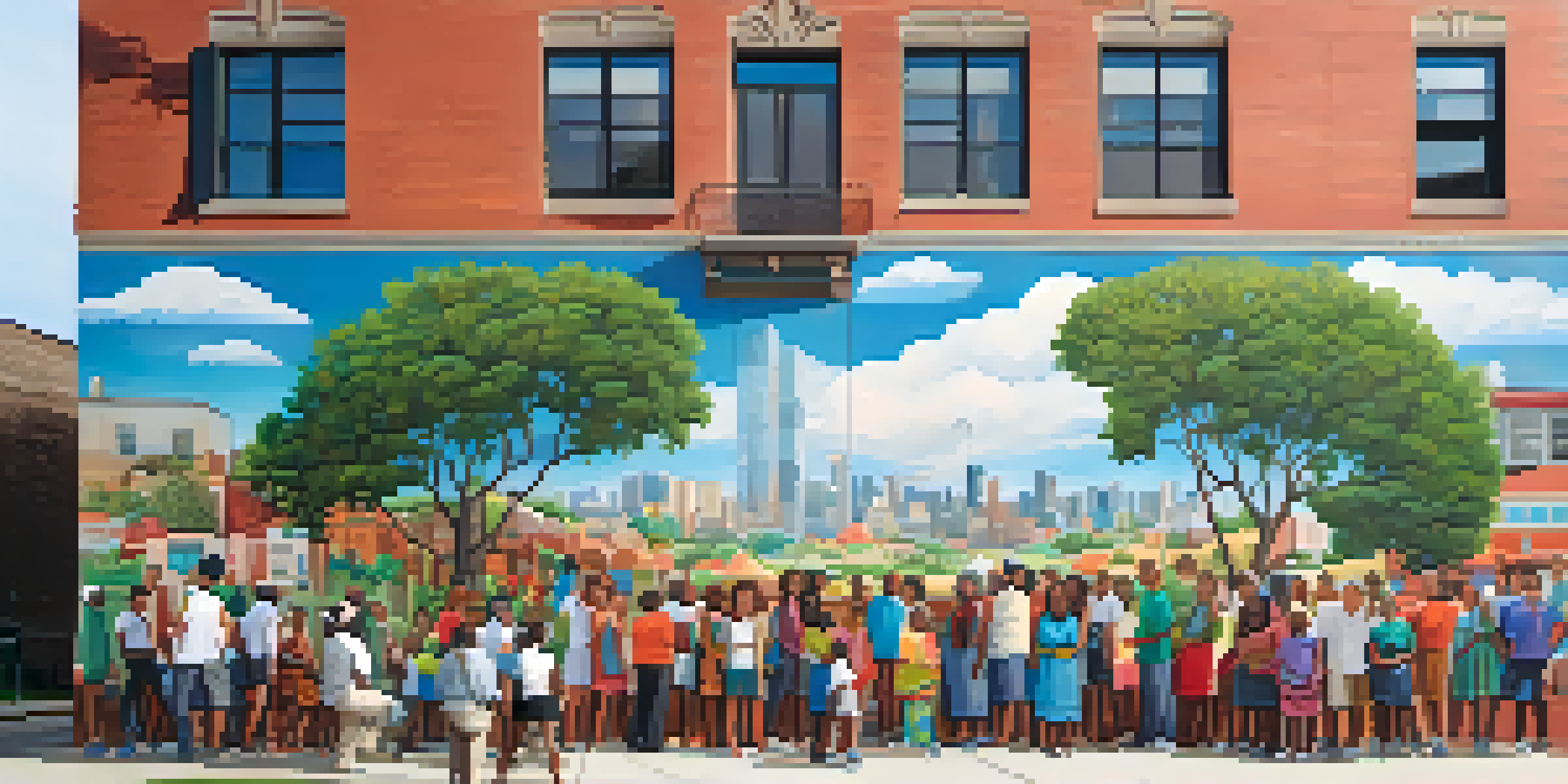 A colorful mural showcasing local heroes and cultural symbols with residents of diverse backgrounds interacting in front of it.