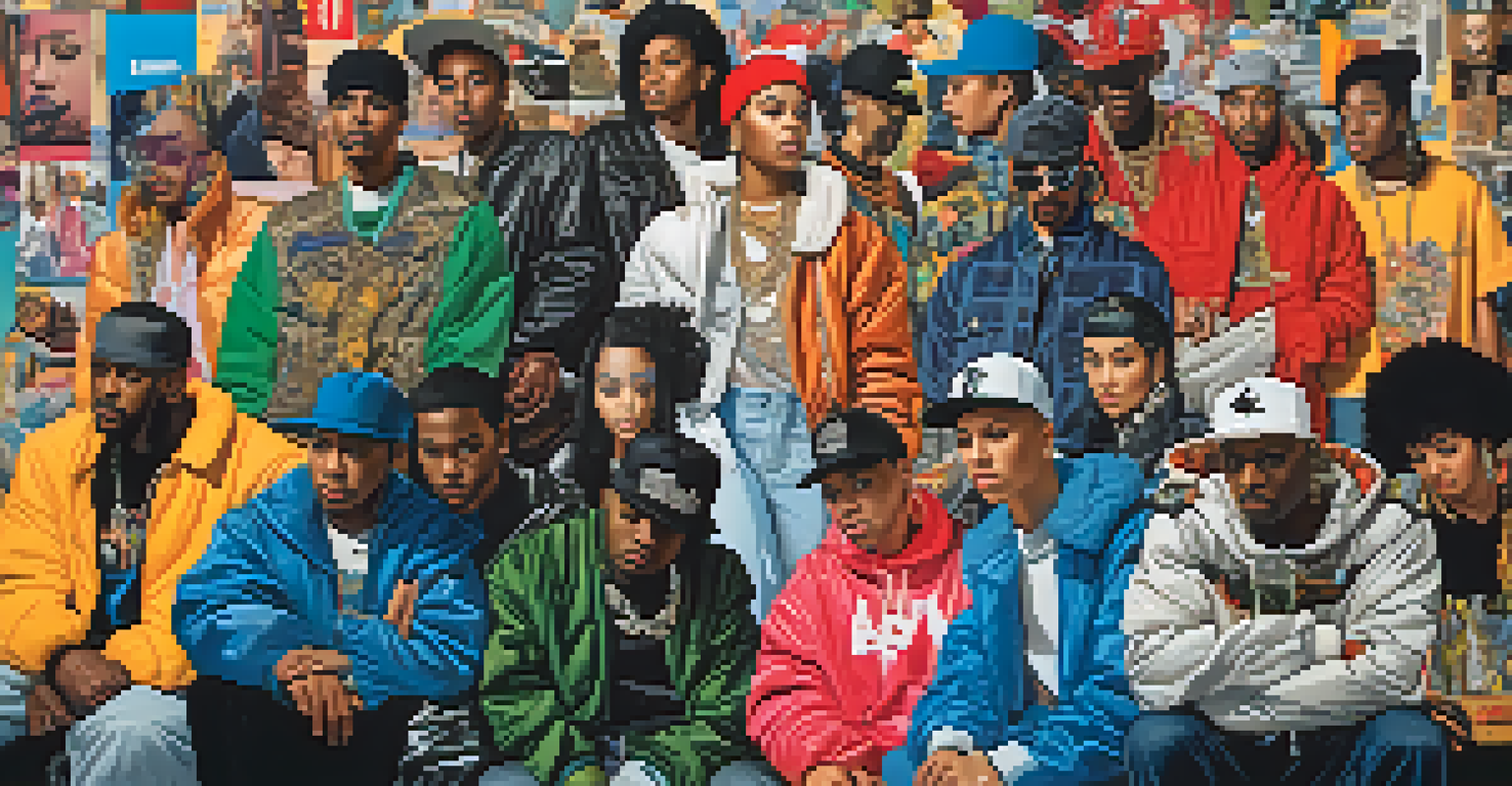 A collage of hip-hop fashion evolution showcasing various styles from the 1980s to present, highlighting cultural identity and social commentary.