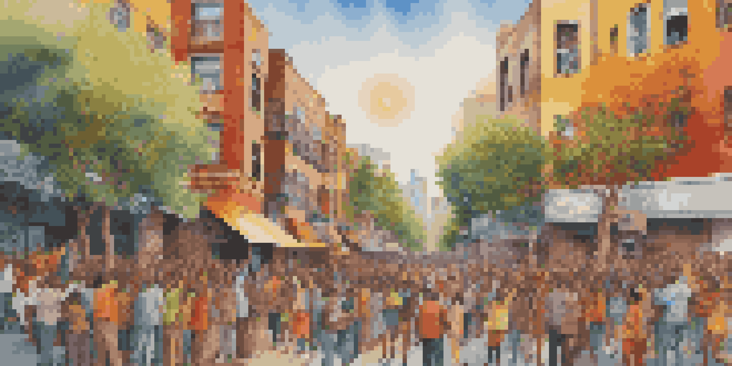 A colorful mural showing diverse individuals celebrating cultural heritage in an urban setting, with warm sunlight and city buildings in the background.