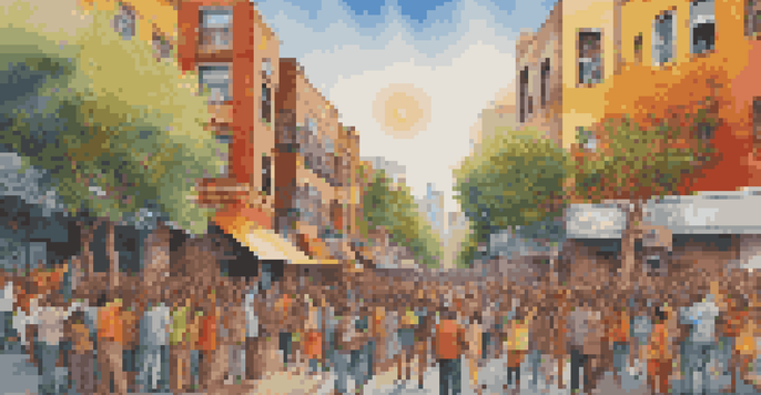 A colorful mural showing diverse individuals celebrating cultural heritage in an urban setting, with warm sunlight and city buildings in the background.