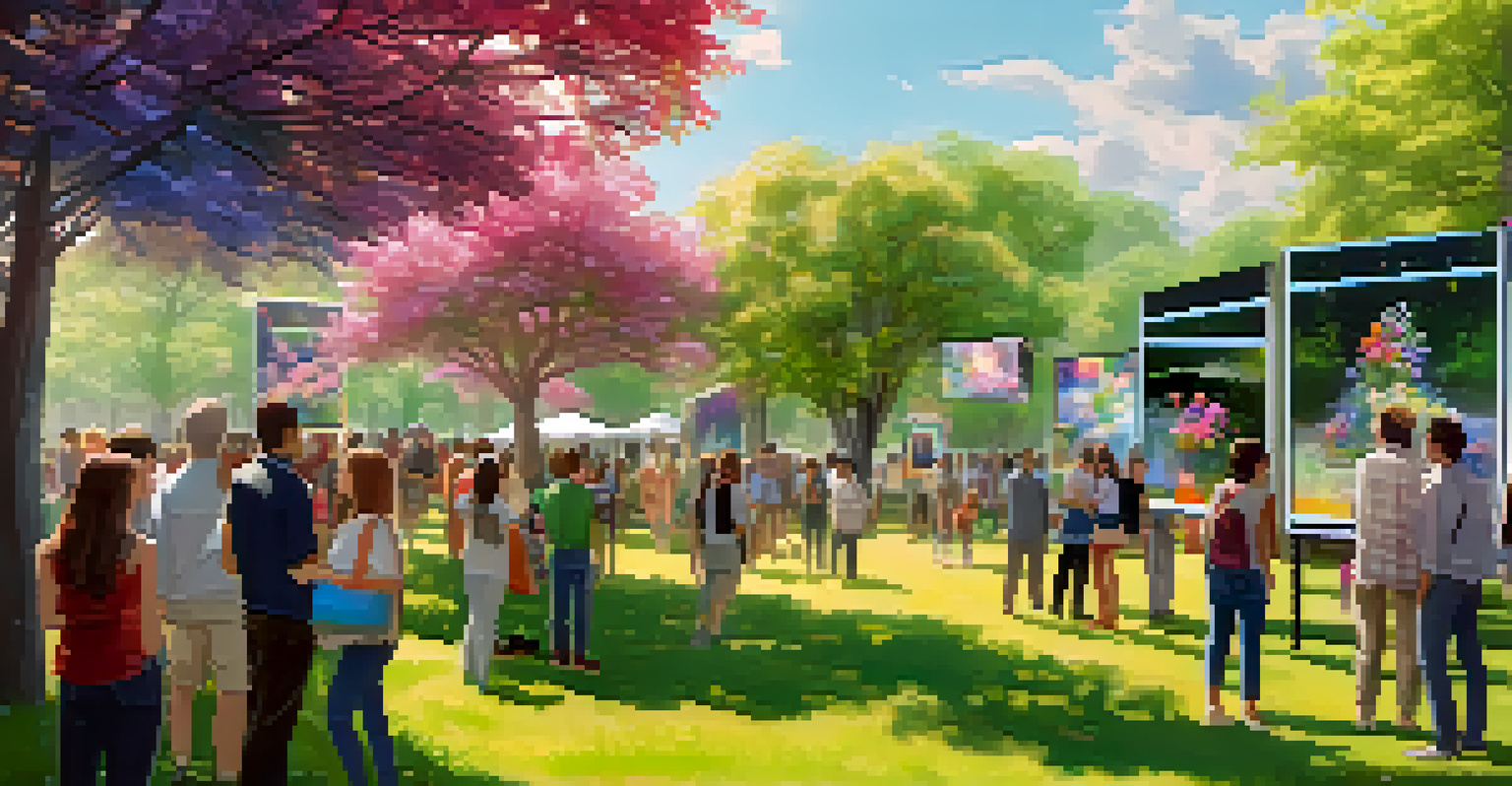 An outdoor digital art exhibition in a park with animated artworks displayed on screens and visitors enjoying the atmosphere.