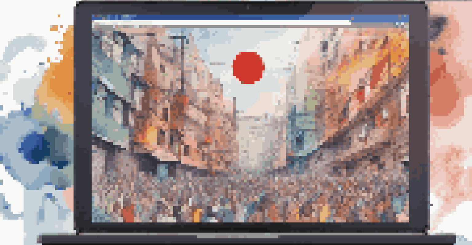 A vibrant digital artwork on a computer screen that represents social change and activism, featuring dynamic shapes and colors.
