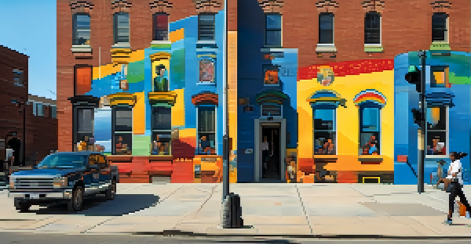 A lively urban street scene with a colorful digital mural showing diverse community members involved in activism, with pedestrians admiring the artwork.