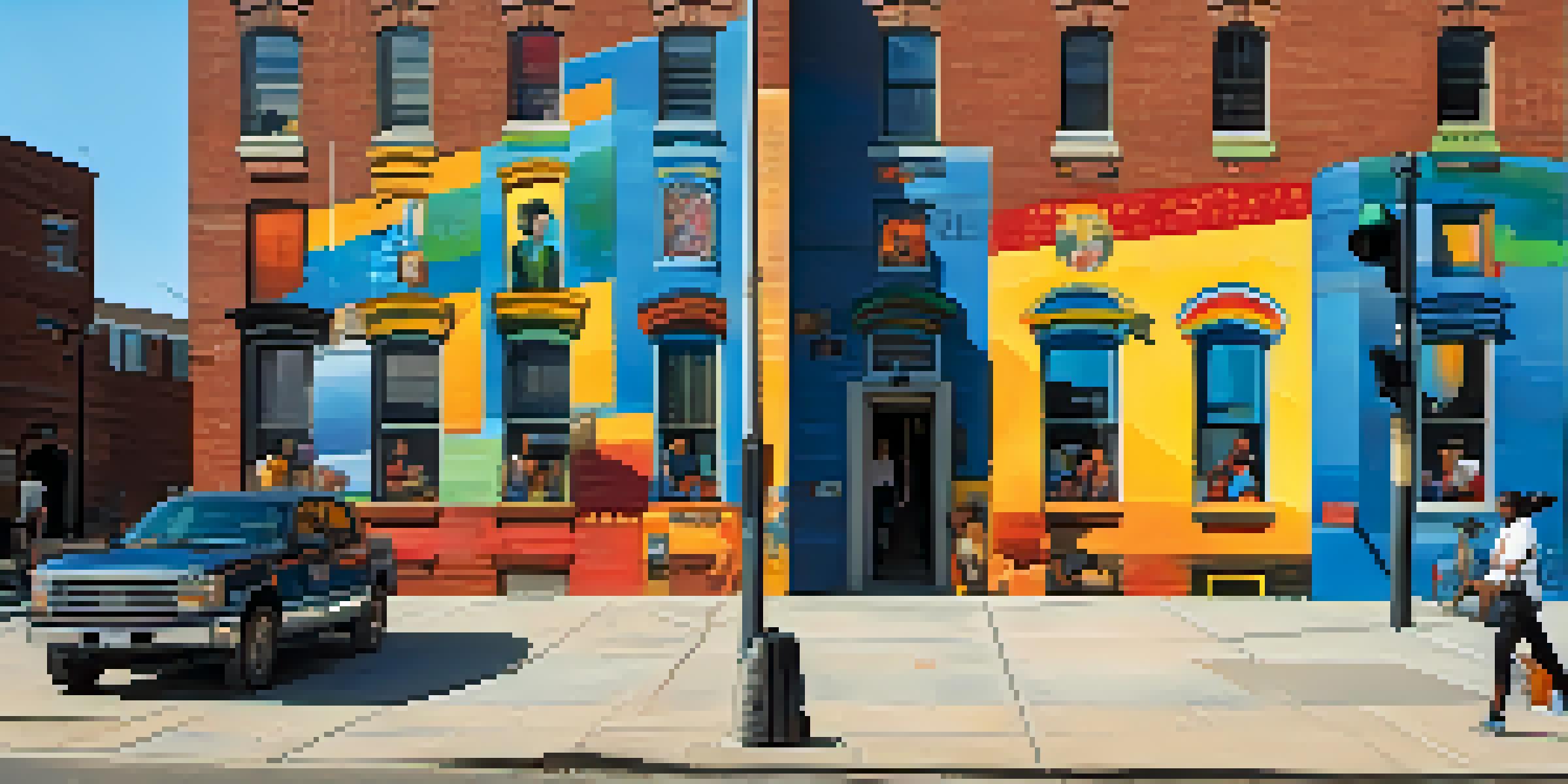 A lively urban street scene with a colorful digital mural showing diverse community members involved in activism, with pedestrians admiring the artwork.