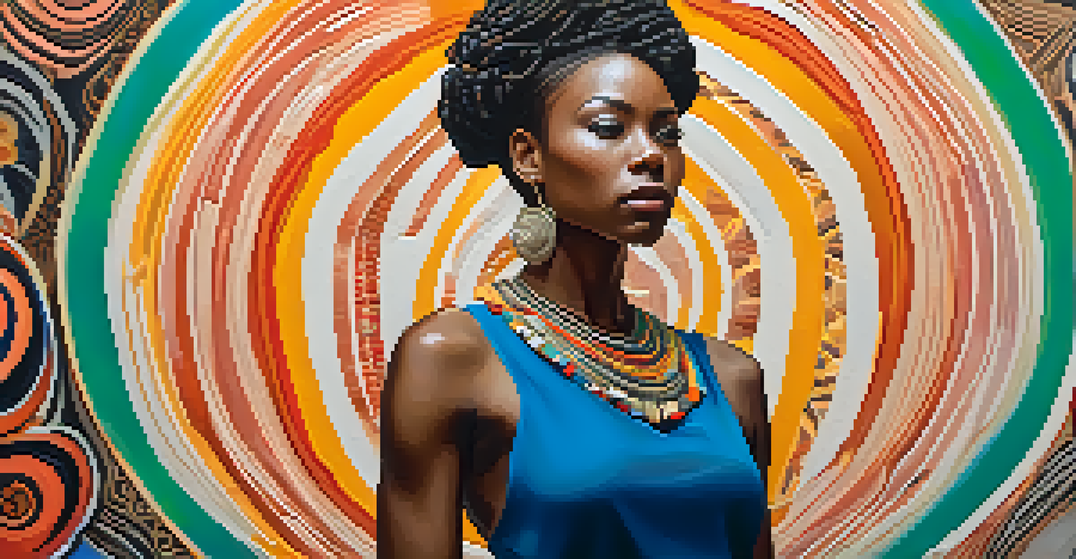 A portrait of a strong Black woman in a flowing dress against an abstract colorful background, embodying strength and resilience.
