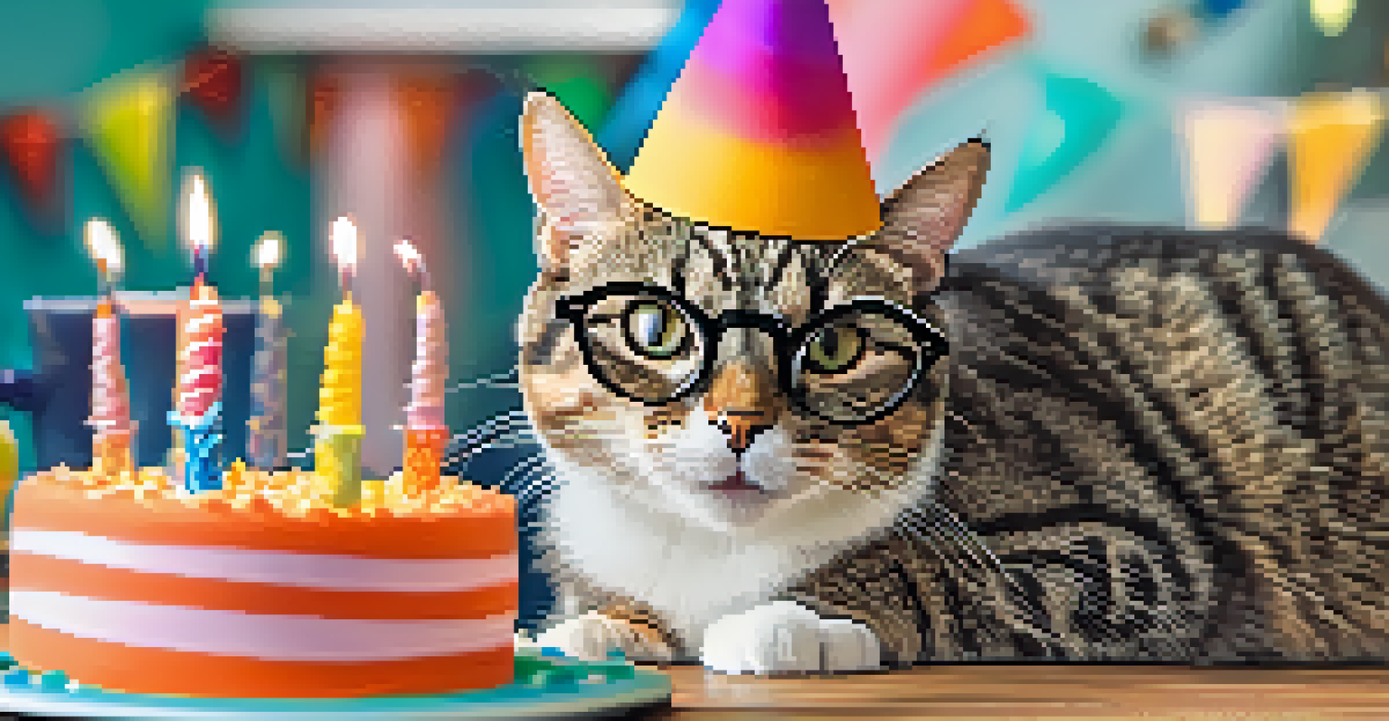 A cat wearing oversized glasses and a party hat next to a birthday cake in a colorful living room, looking amusingly confused.