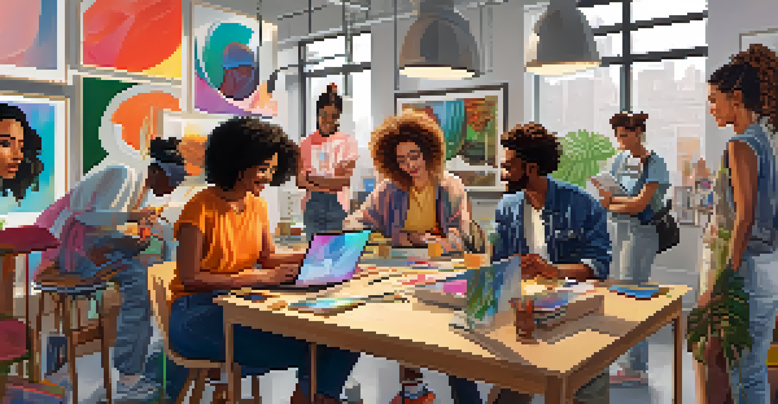 A diverse group of artists collaborating in a bright workspace, sharing ideas on digital devices amidst vibrant artwork, representing inclusivity and creativity.