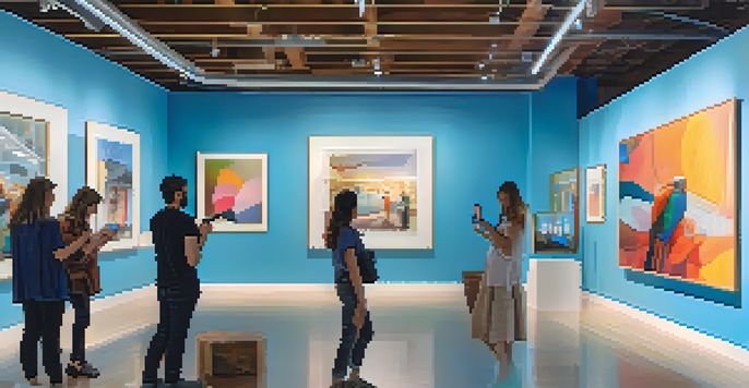 An art gallery with visitors using augmented reality devices to interact with artworks, illuminated by natural light.