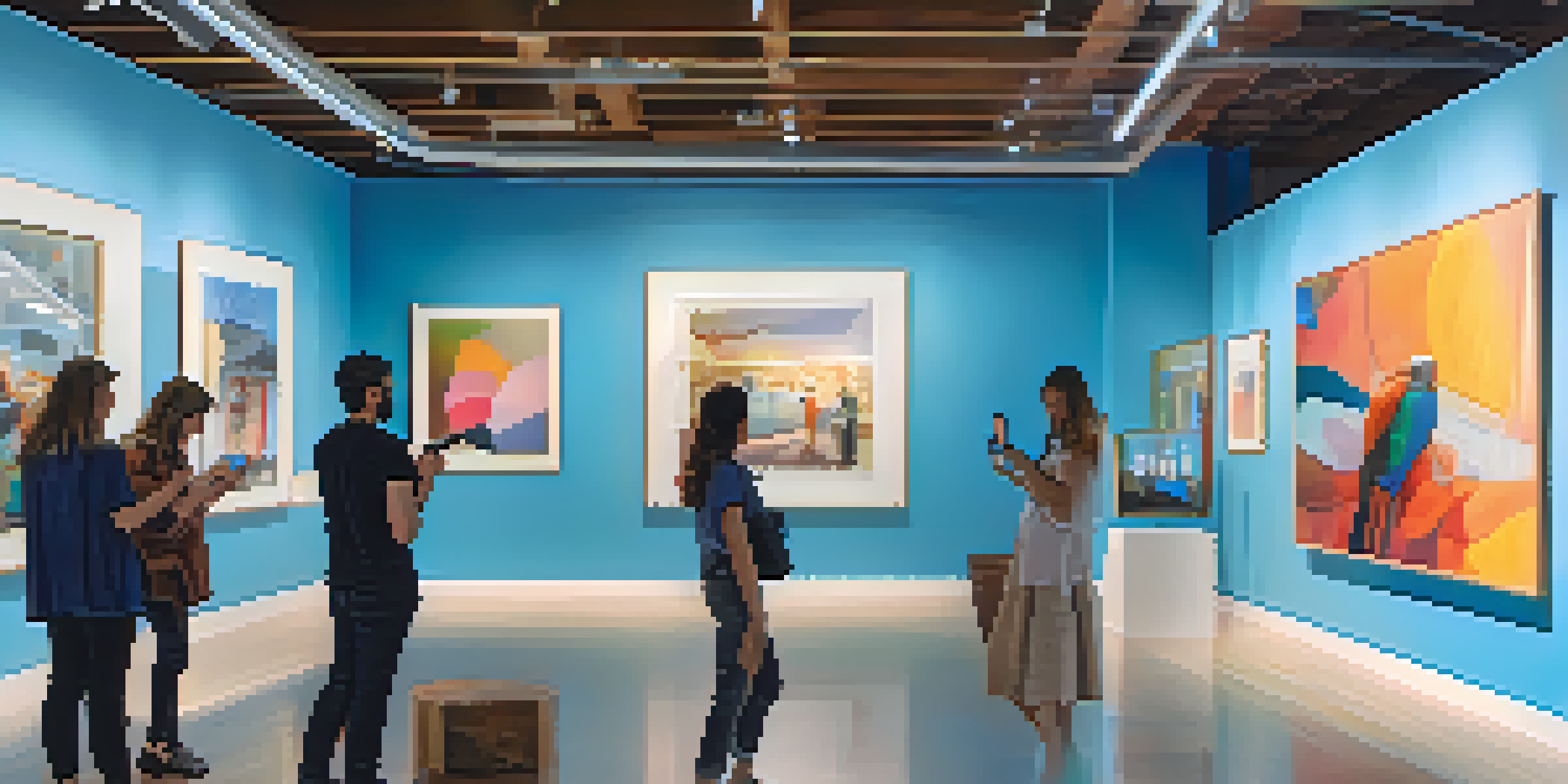 An art gallery with visitors using augmented reality devices to interact with artworks, illuminated by natural light.
