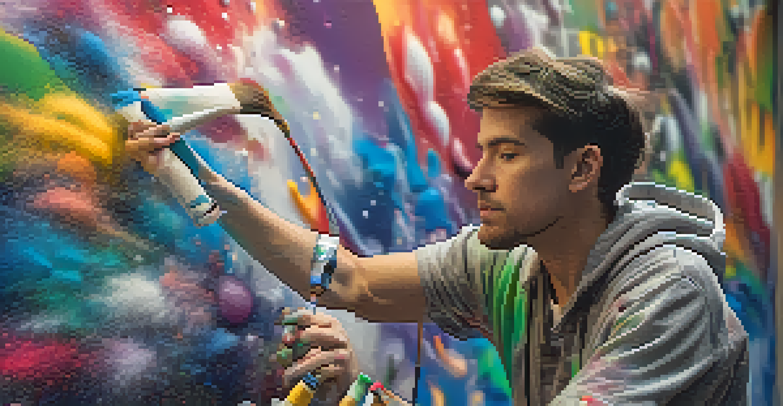 A street artist painting a large mural, with vivid colors and abstract shapes in the background.