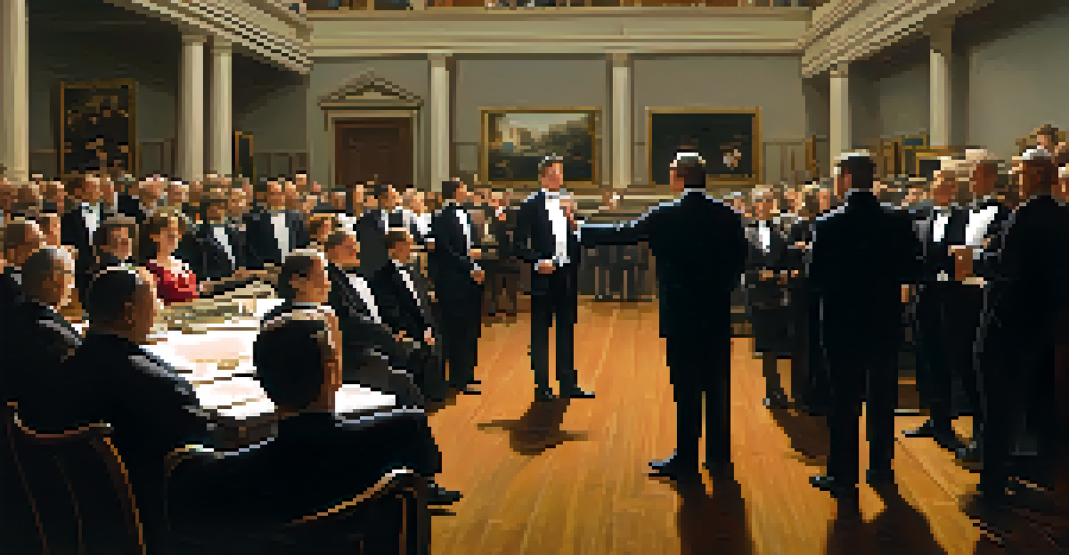 An elegant art auction scene with a crowd in formal attire, an auctioneer raising a gavel, and a classic painting under a spotlight.