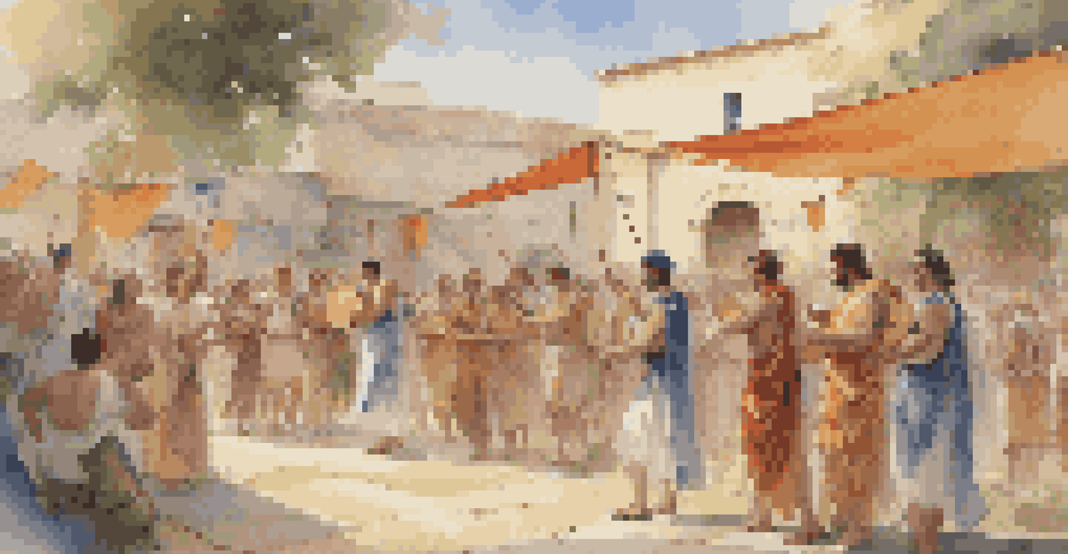 An outdoor scene of an ancient Greek festival with participants in traditional garments playing musical instruments.