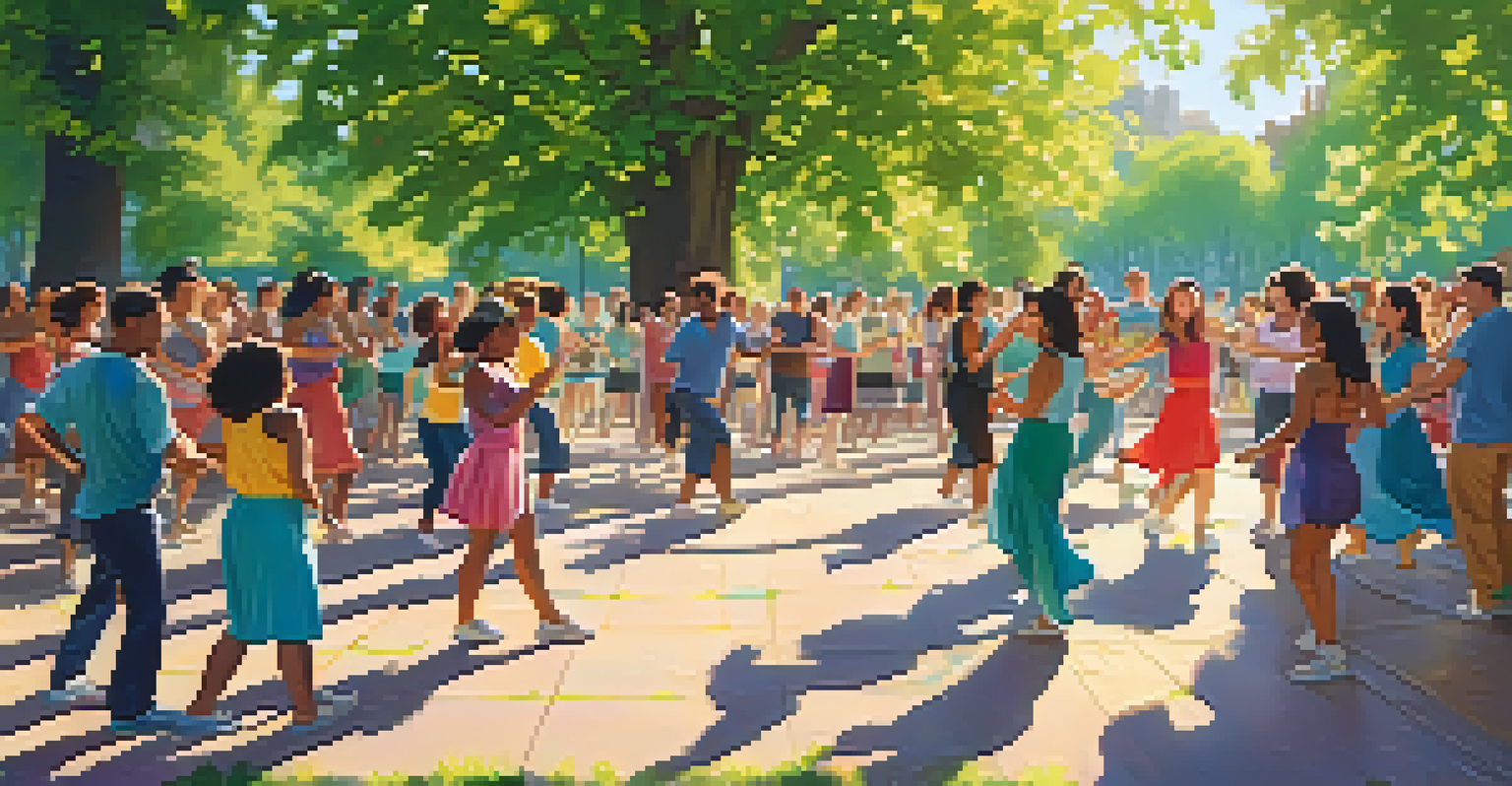 An outdoor dance workshop with diverse participants dancing in a sunny park, surrounded by green trees and colorful flowers, with sunlight filtering through leaves.