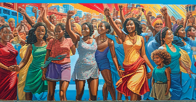 A colorful street mural showing a woman symbolizing Liberty leading a diverse group of people in unity against a bright urban backdrop.