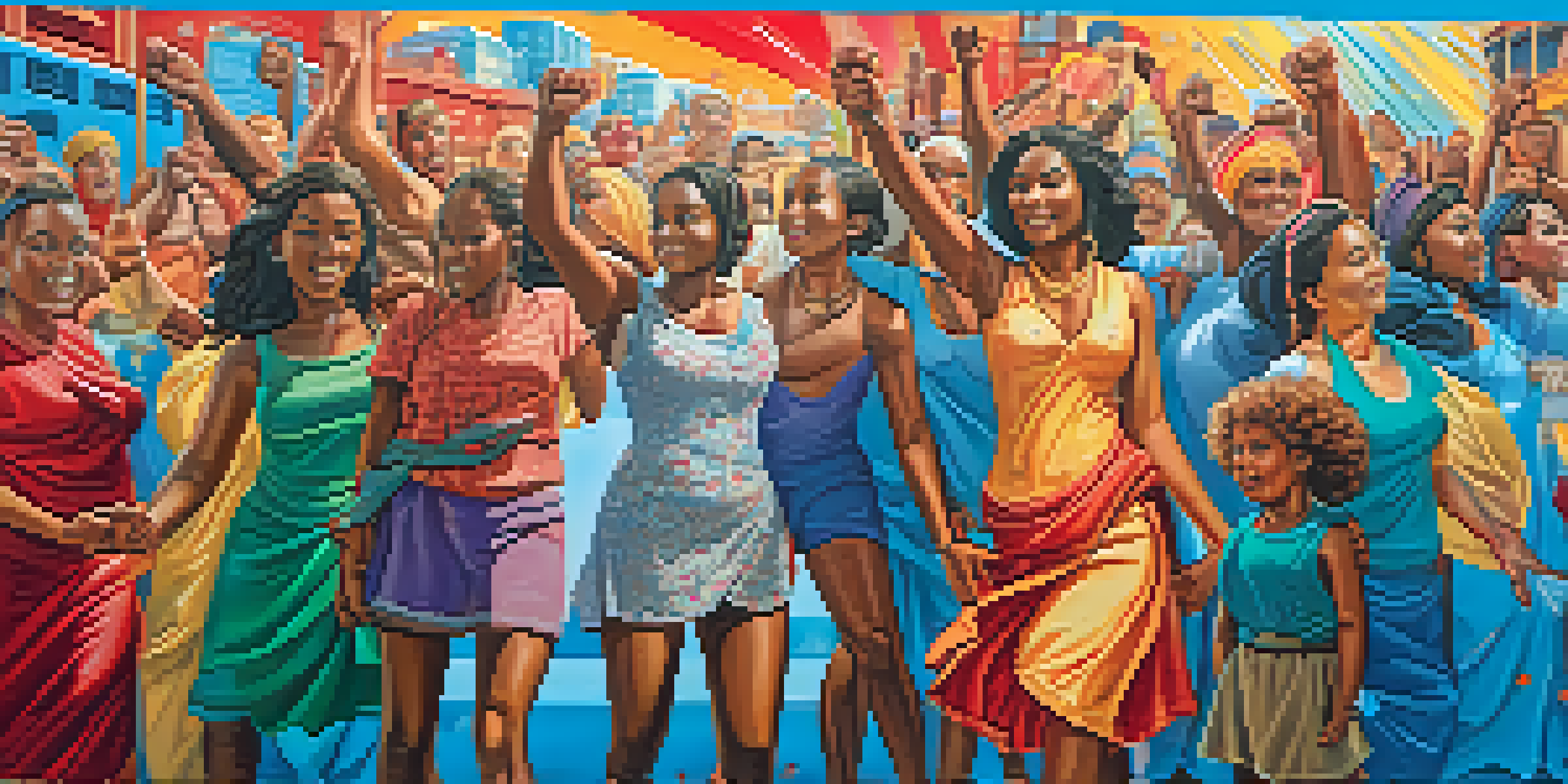 A colorful street mural showing a woman symbolizing Liberty leading a diverse group of people in unity against a bright urban backdrop.