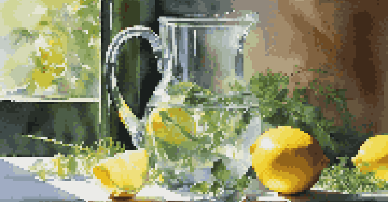 A still life with a glass pitcher of water, fresh herbs, and lemons, highlighted by bright sunlight and sparkling reflections.