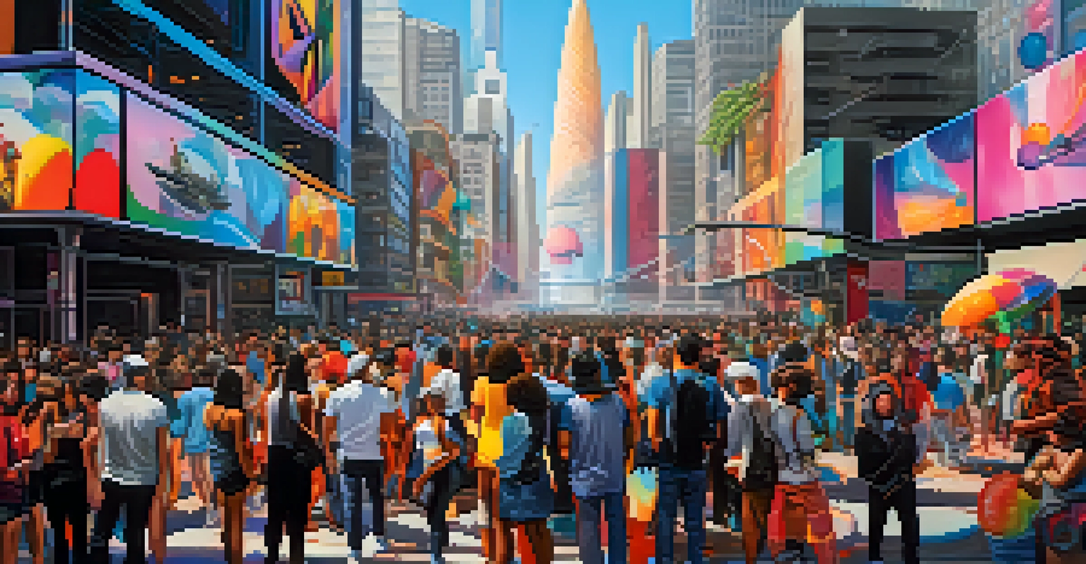 A futuristic cityscape featuring vibrant street art and holographic displays, with diverse individuals engaging with the art in a lively atmosphere.