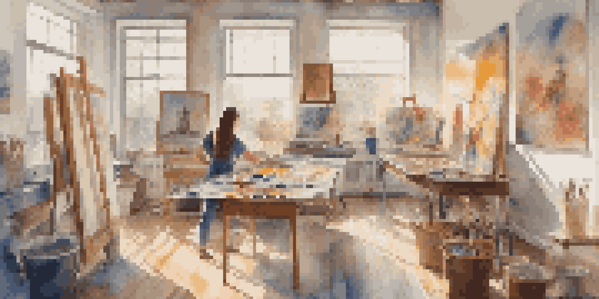 An artist working in a bright studio filled with art supplies and colorful paintings, showcasing the creative process.