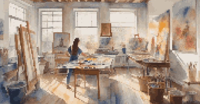 An artist working in a bright studio filled with art supplies and colorful paintings, showcasing the creative process.