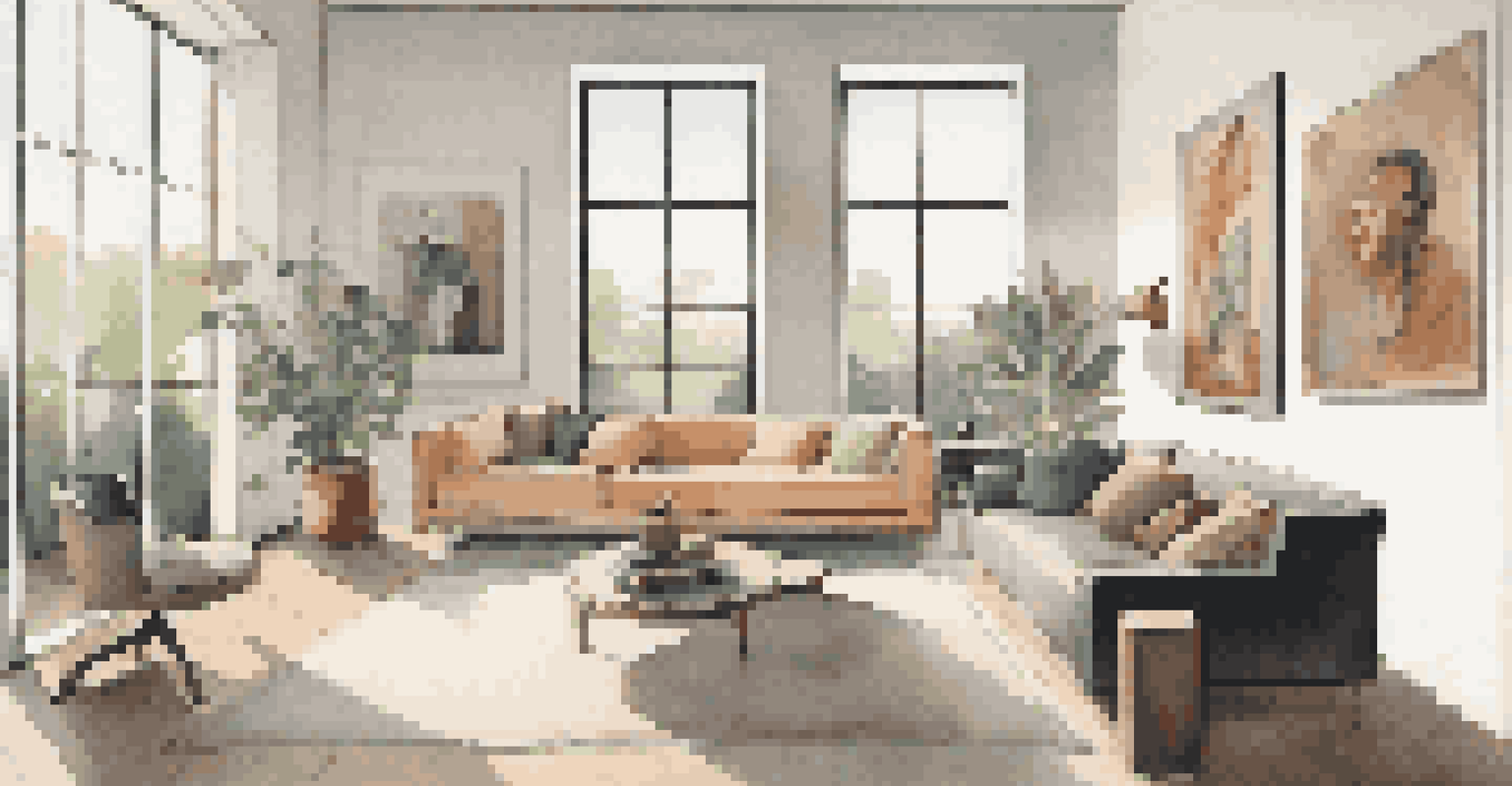 A modern living room of an art collector displaying a diverse collection of artworks in a minimalist setting, filled with natural light.