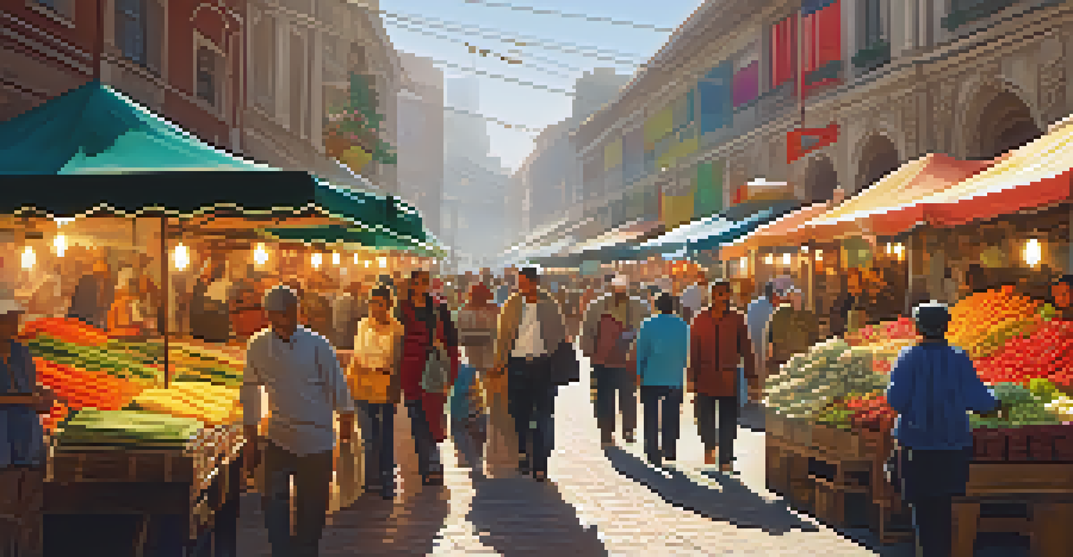 A vibrant market scene with colorful stalls, vendors, and customers, filled with fresh produce and handmade crafts under the warm sunlight.