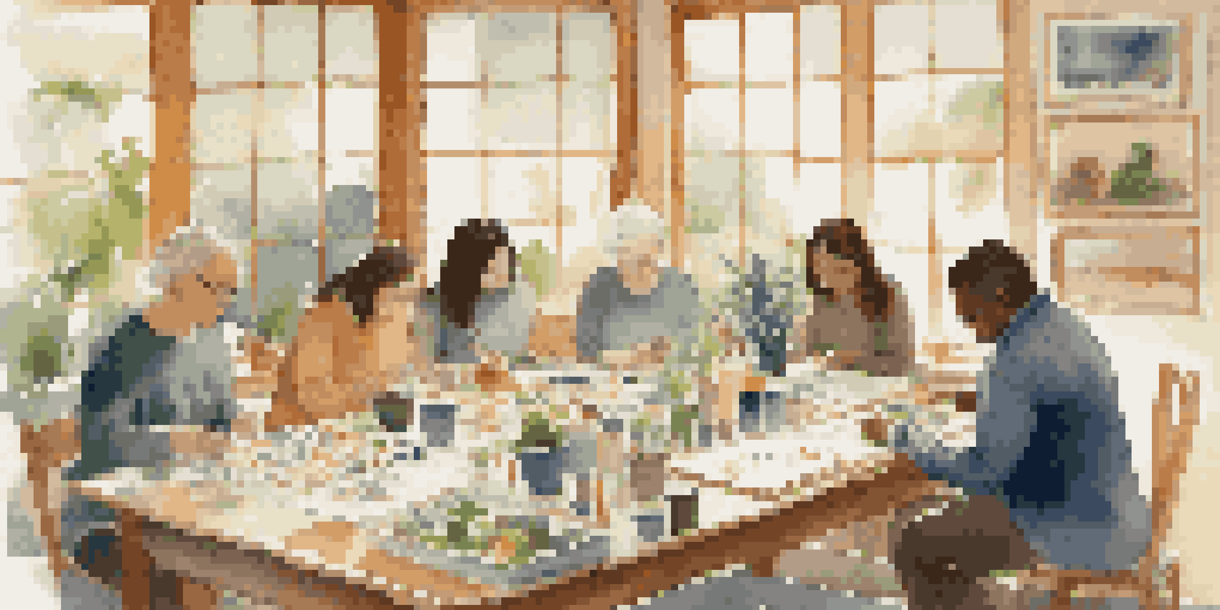 A warm and inviting art therapy session with people of different backgrounds creating art together in a cozy room.