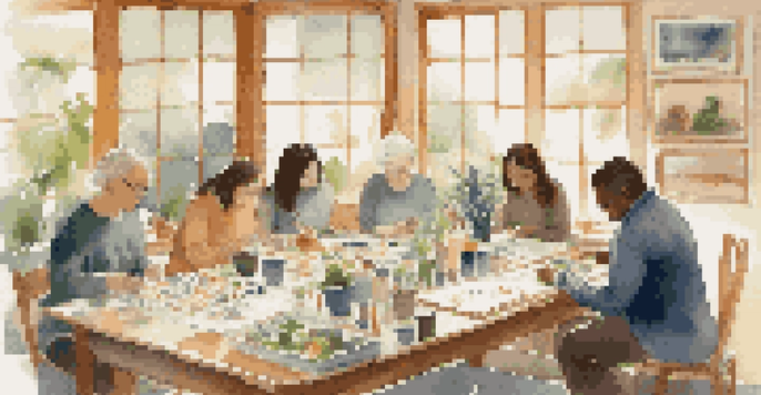 A warm and inviting art therapy session with people of different backgrounds creating art together in a cozy room.