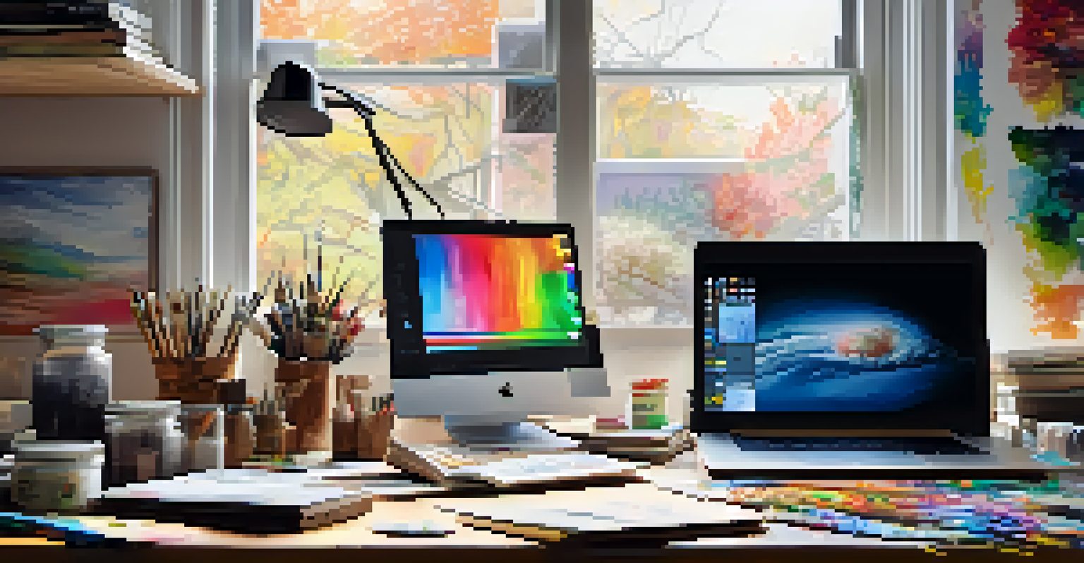 An artist's workspace featuring a tablet with digital art, paintbrushes, and a laptop, all illuminated by warm natural light.