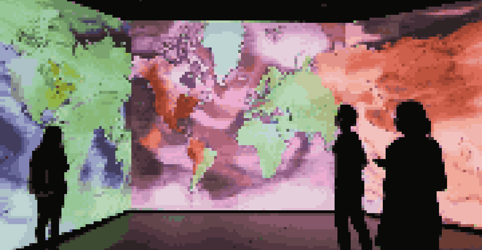 A digital art installation with colorful projections of climate data in a dark room, featuring interactive screens for viewers to engage with the information.
