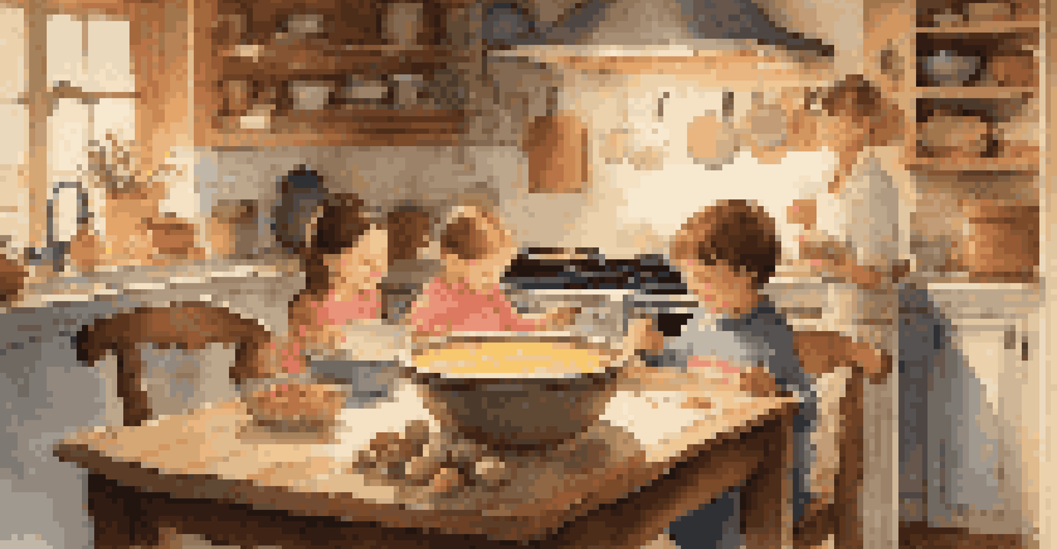 A family cooking together in a cozy kitchen, with children mixing batter and a table full of ingredients, surrounded by family heirlooms.