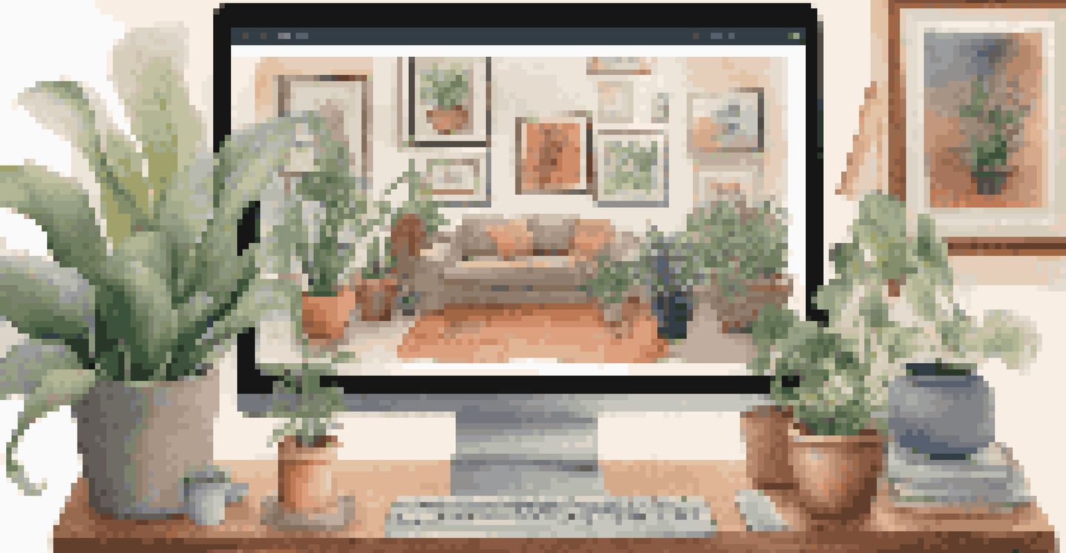 A computer screen displaying a virtual art gallery filled with digital artworks on resilience and hope, in a cozy room setting.