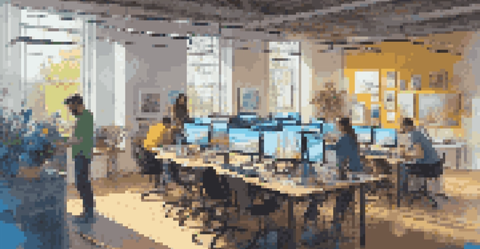 A colorful digital art studio with artists collaborating, natural light, and digital screens.