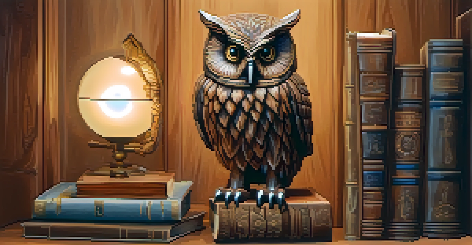 A wooden owl sculpture on a bookshelf, surrounded by books in a cozy study with warm lighting.