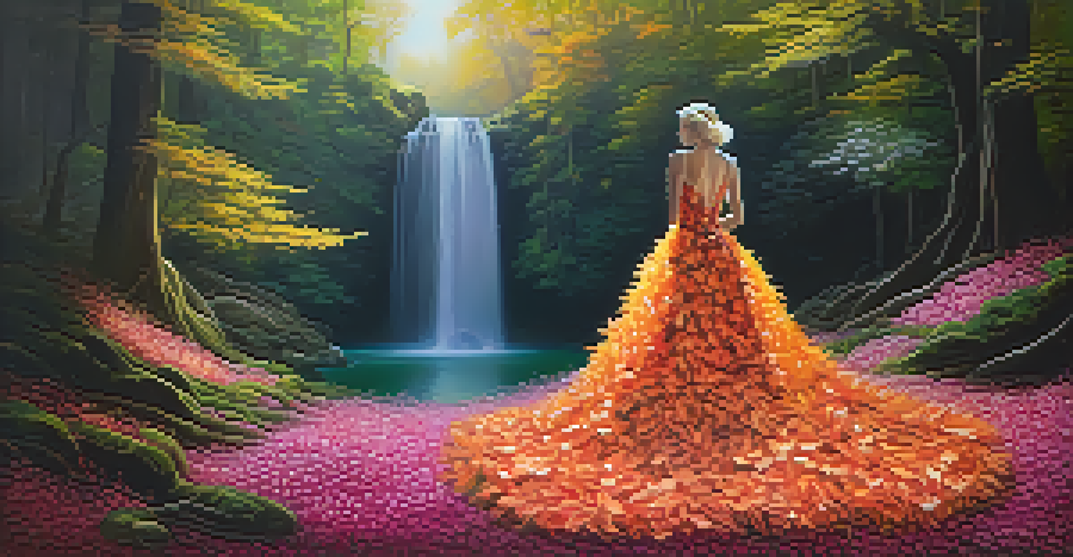 A whimsical dress made of leaves and flowers in a magical forest setting, illuminated by soft, ethereal light, evoking a sense of wonder.