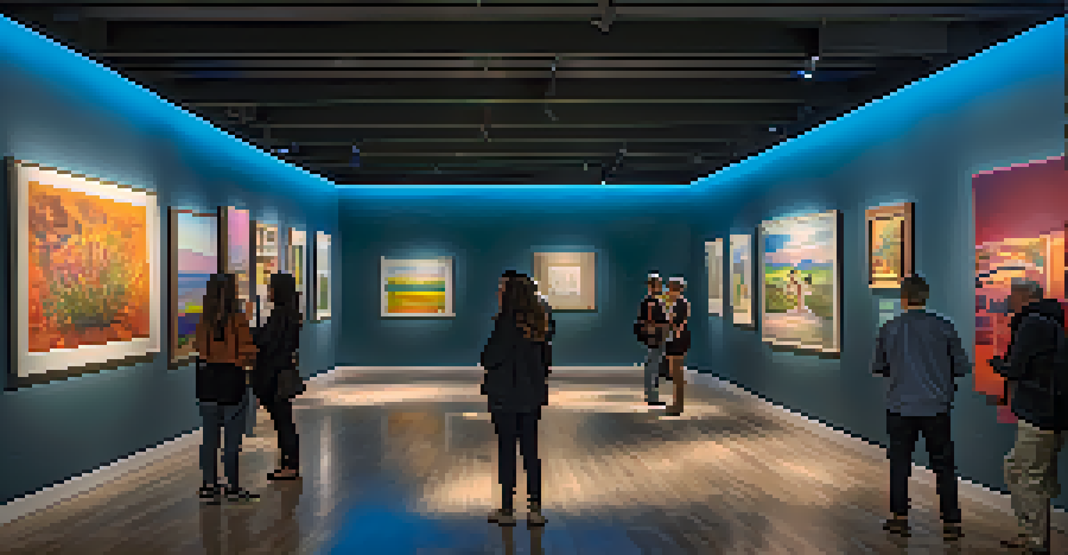 An art gallery with interactive installations blending visual art and music, featuring visitors engaging with the artworks in a warm environment.