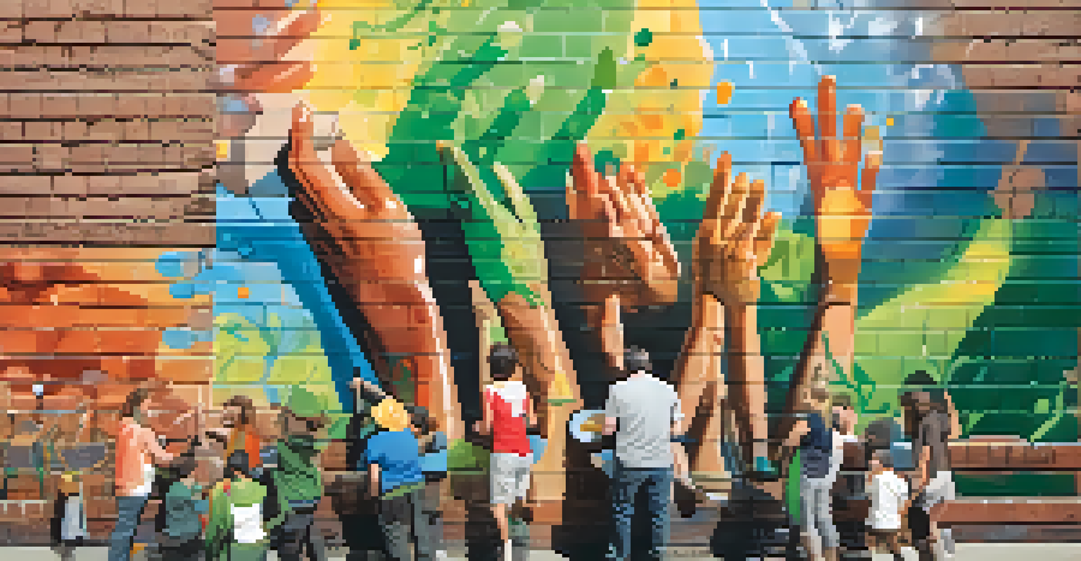 Close-up of hands painting a colorful mural on a brick wall, with vibrant paint and artistic details.
