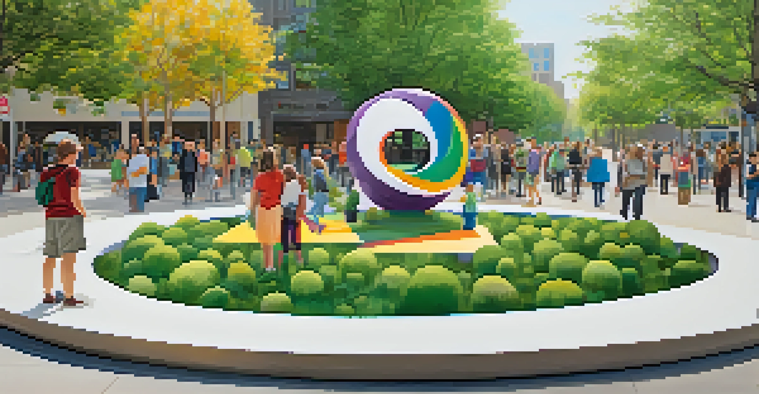 A vibrant public art installation made from recycled materials, with people discussing its importance in a busy plaza.