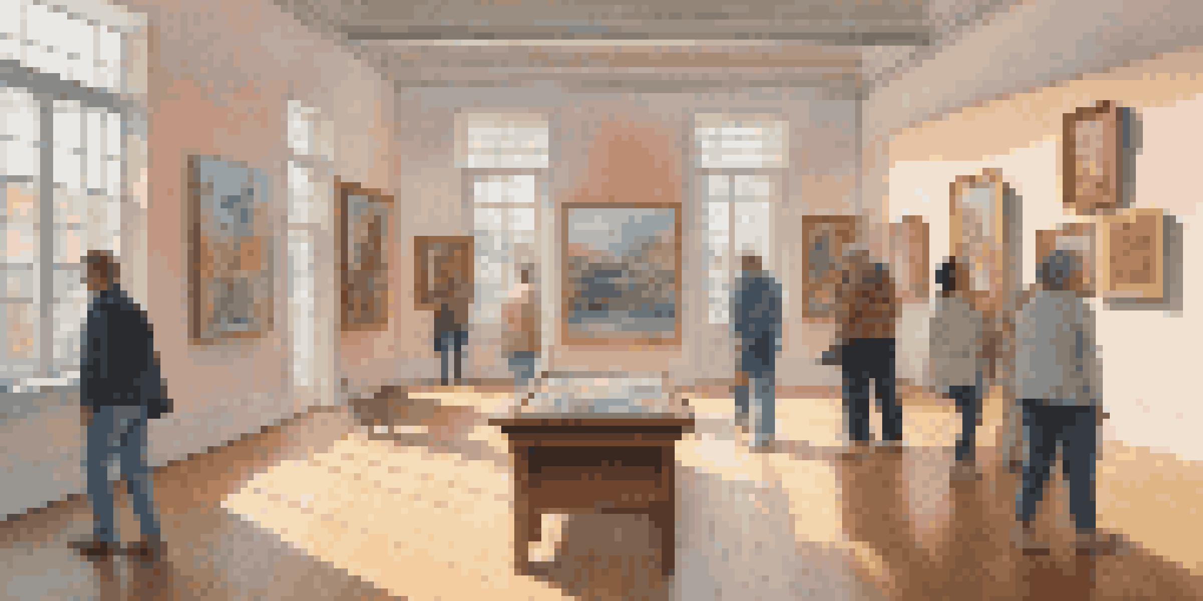 An art gallery showcasing a variety of contemporary paintings and sculptures, with diverse visitors engaging in discussion.