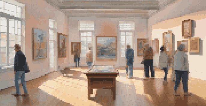 An art gallery showcasing a variety of contemporary paintings and sculptures, with diverse visitors engaging in discussion.