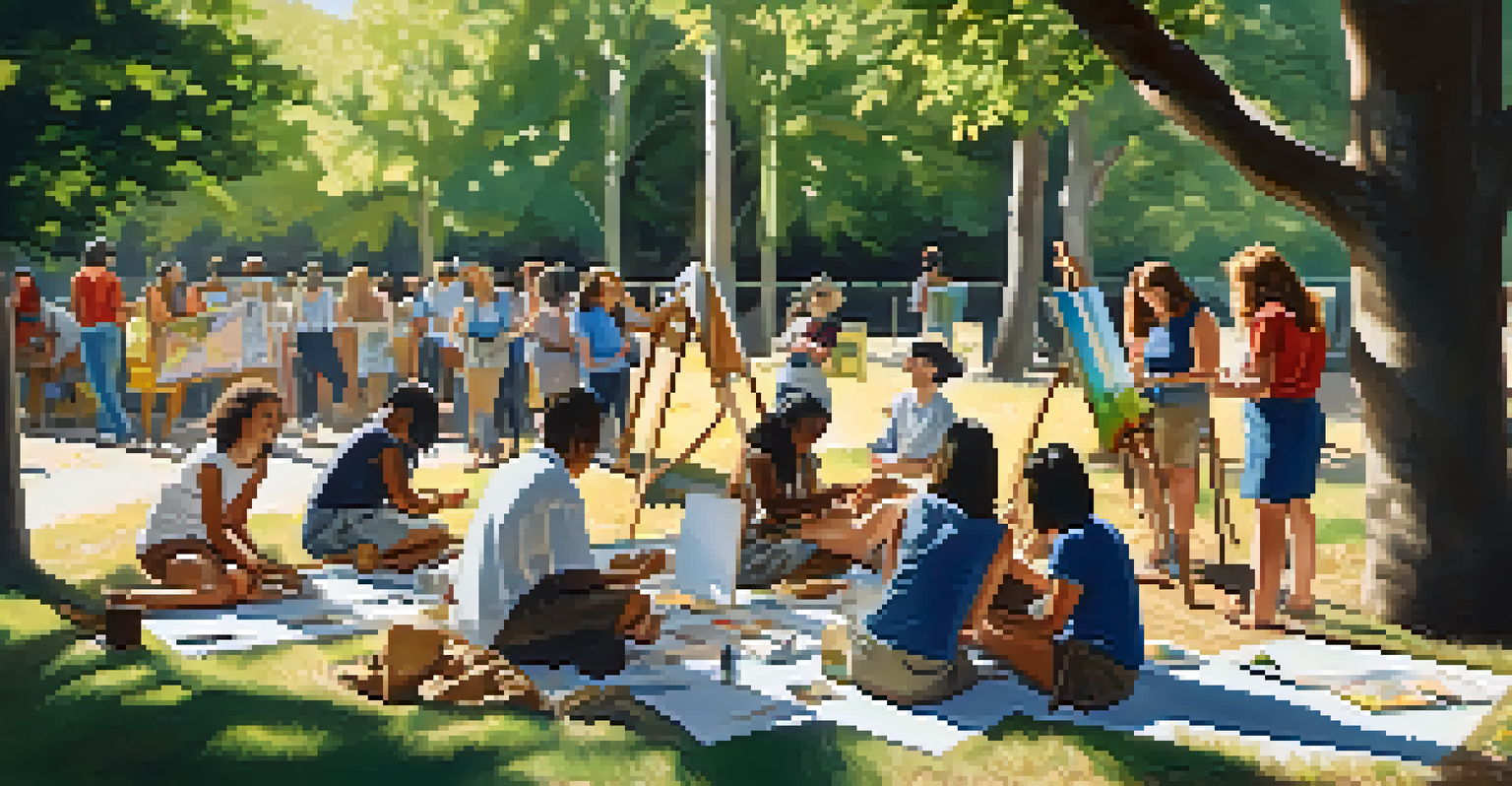 A group of diverse students painting on canvases outdoors, surrounded by nature and enjoying a creative workshop.