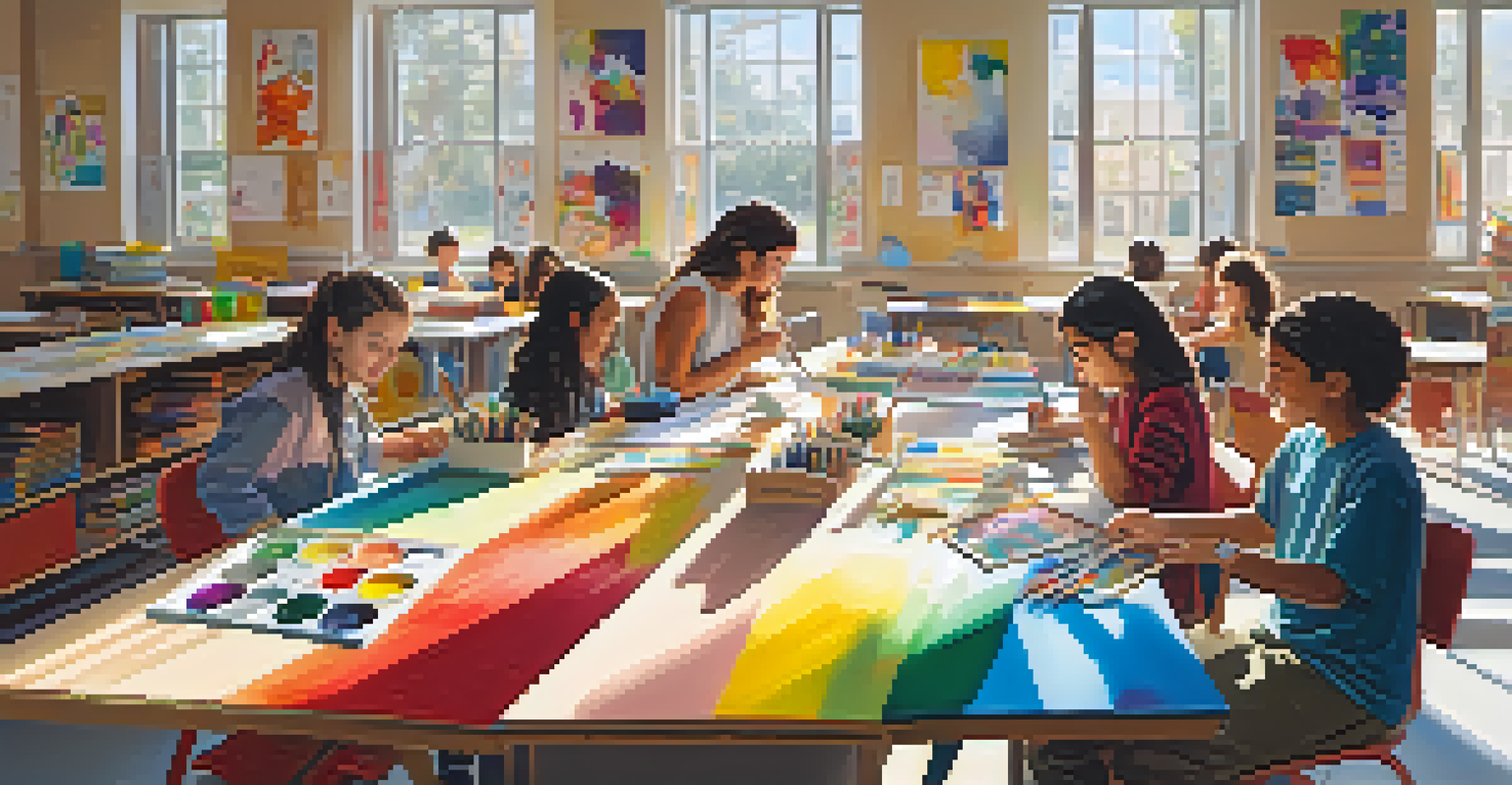 A diverse group of students working on an art project in a colorful classroom, with natural light illuminating their creative activities.