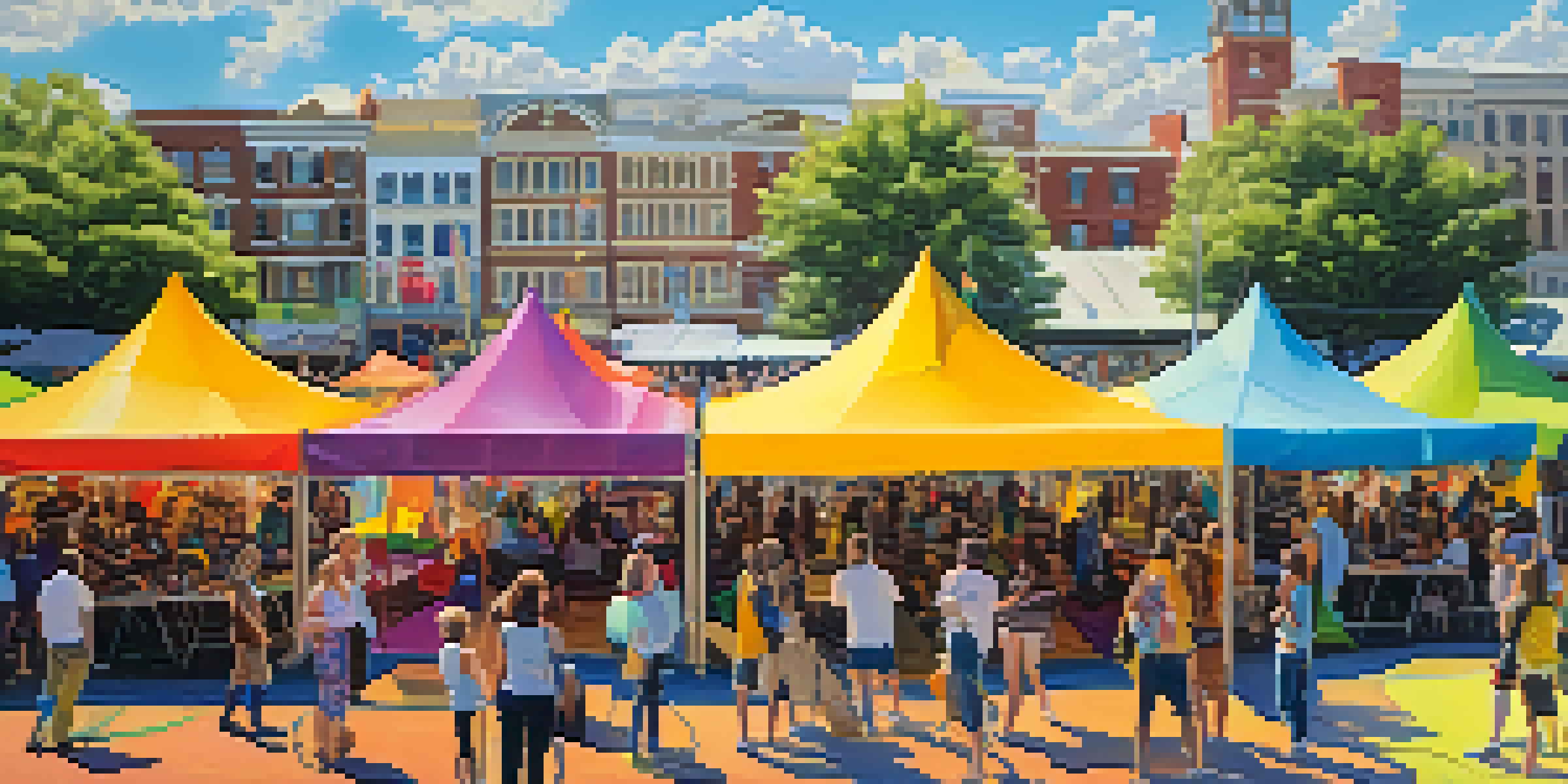 An outdoor art festival with colorful installations made from recycled materials, featuring people interacting and sunlight illuminating the scene.