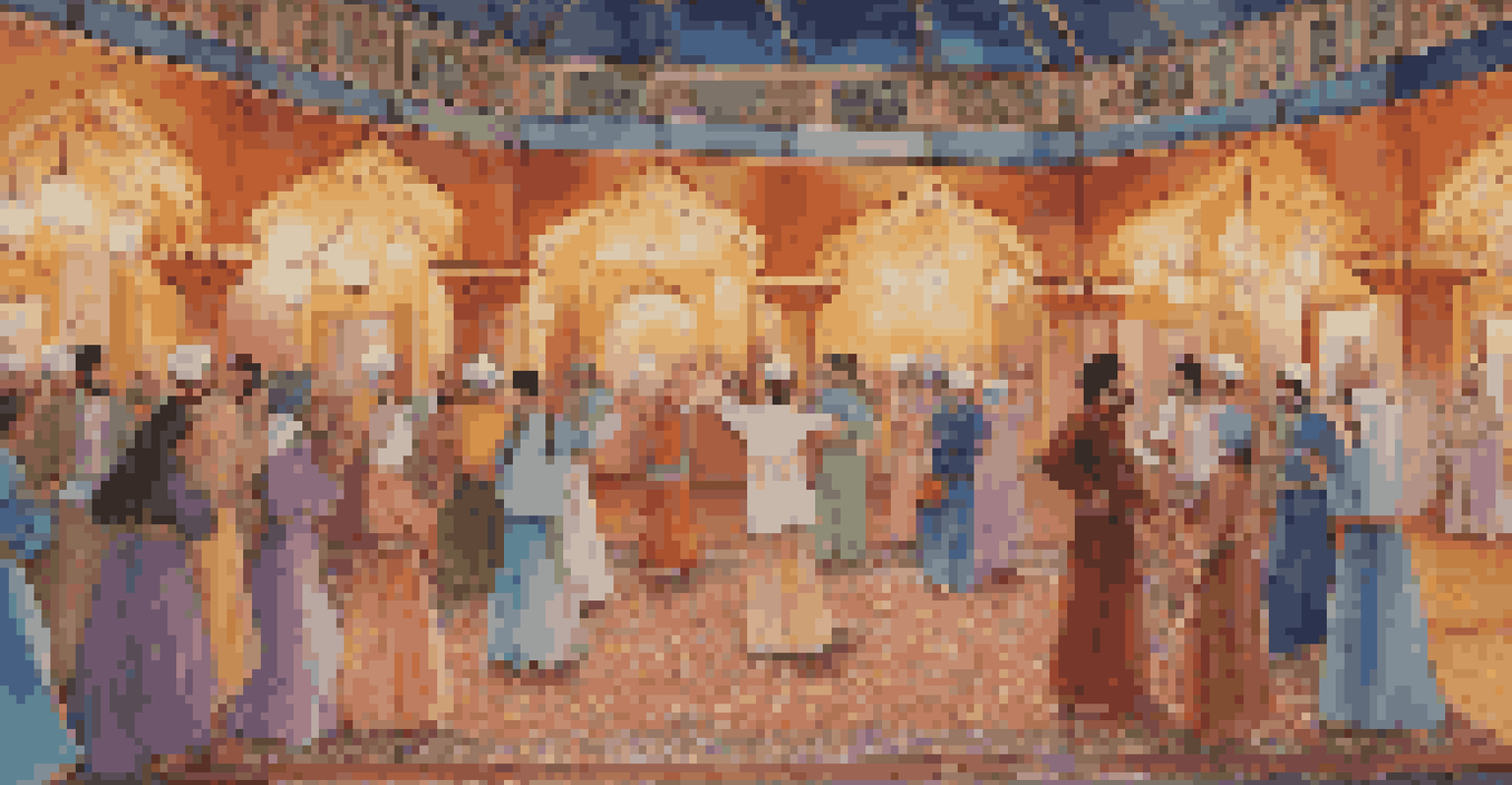 Participants in traditional Persian attire dancing in an evening setting, surrounded by colorful tapestries and lanterns.